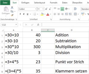 Excel Formeln Grundrechenarten